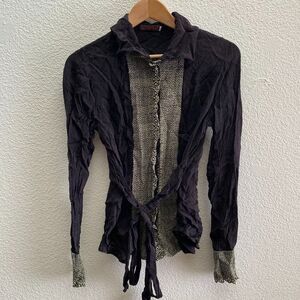 Johnny Was Button Down Front Tie Long Sleeve Shirt Top Embroidered Small Rayon